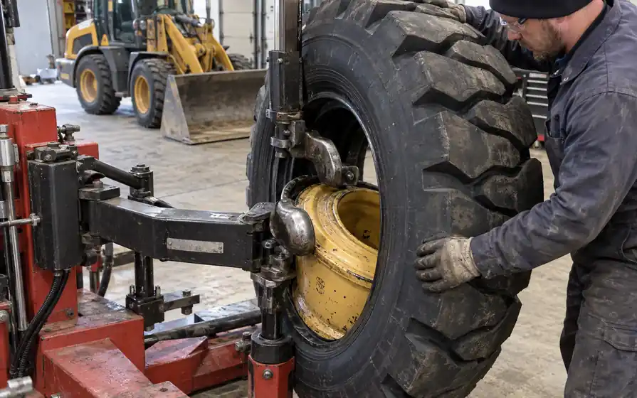 Technician guiding a chunky industrial tyre on a hydraulic fitting machine with a wheel loader behind.