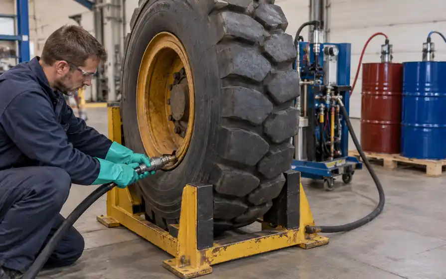 Technician connecting a foam-fill hose to an industrial tyre valve in a workshop.