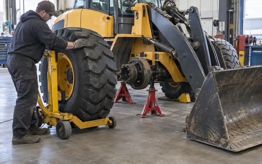 Technician positioning an industrial loader wheel on a trolley beside its securely supported axle.