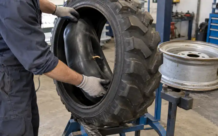 Mechanic guiding a replacement inner tube into a demounted industrial tyre.