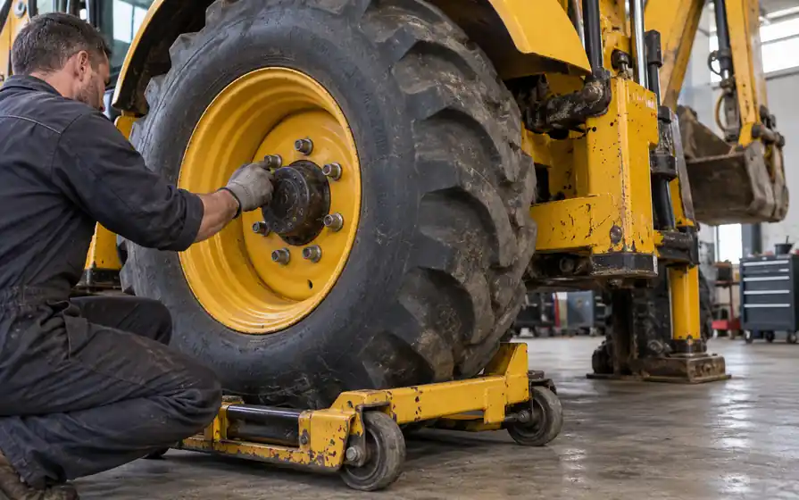 Technician hand-threads a nut on a yellow backhoe loader wheel supported by a wheel dolly.