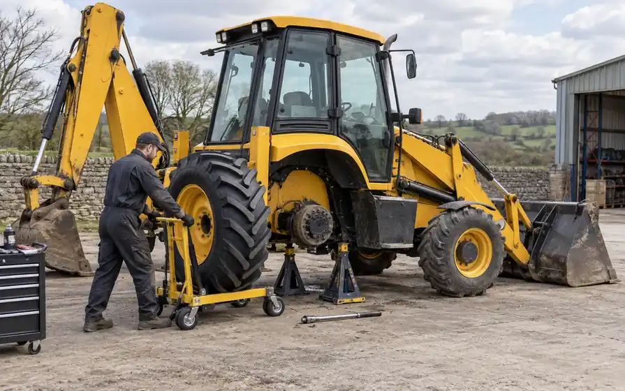 Technician guiding a new chevron rear wheel on a trolley toward a supported yellow-and-black backhoe loader hub.