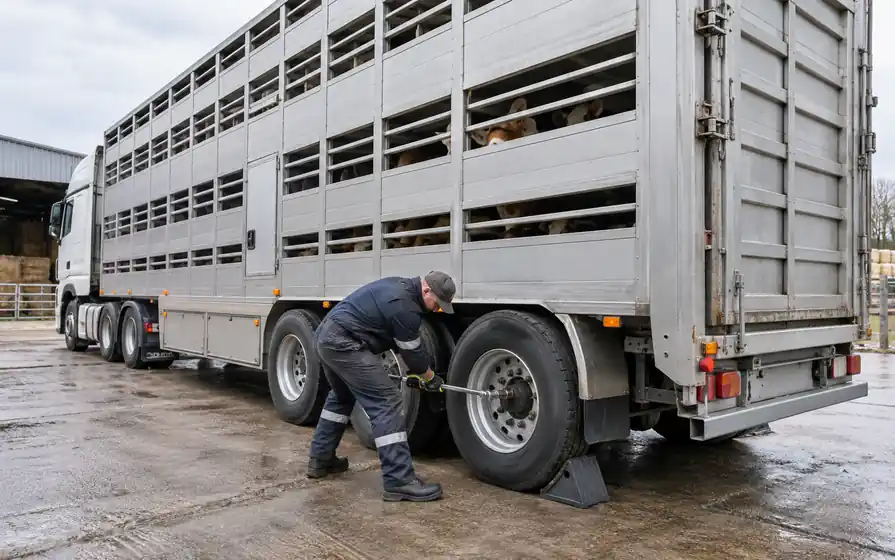 Technician servicing a tyre on a ventilated aluminium livestock trailer.