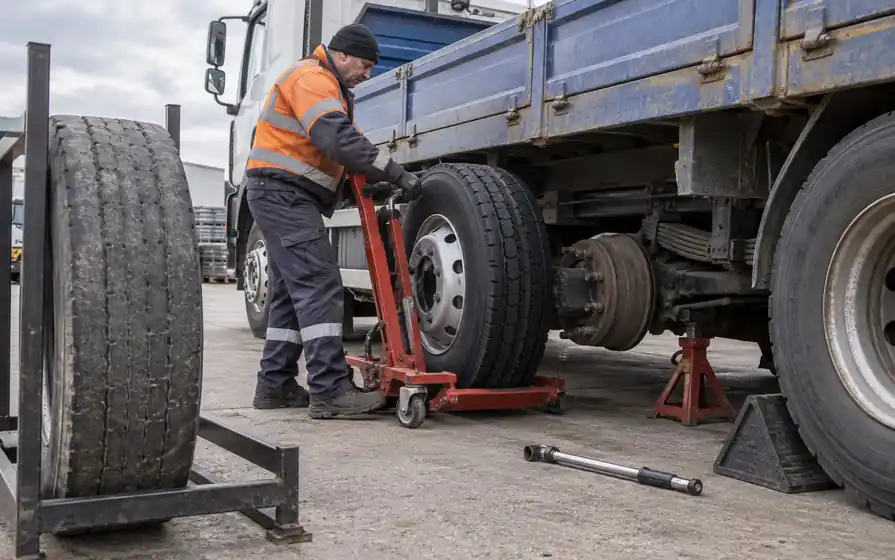 Mechanic positioning a new lorry wheel on a hydraulic dolly at a rear hub, with a worn wheel in a rack.