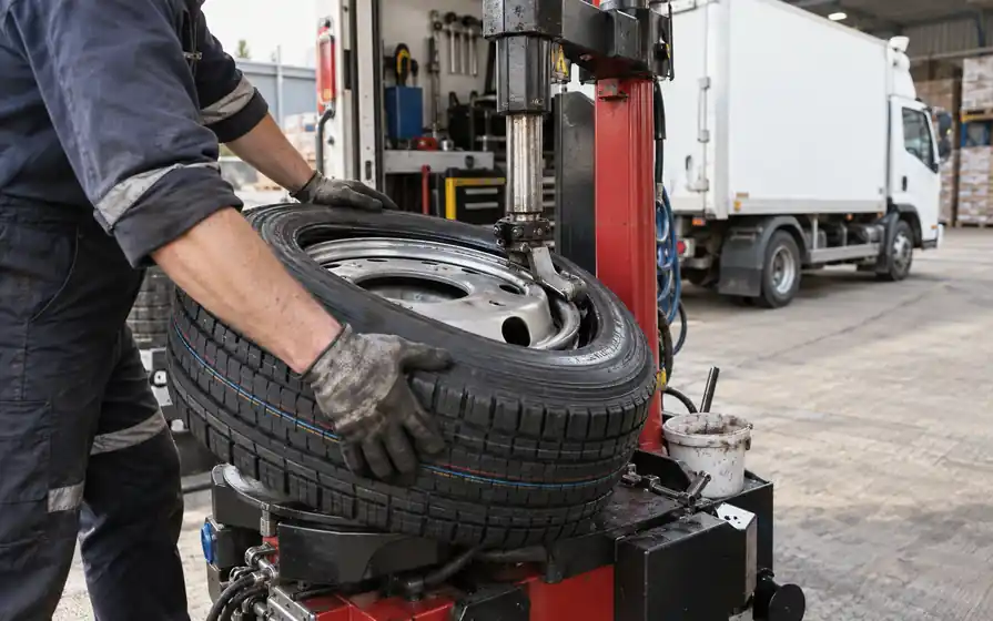 Technician fitting a new commercial tyre onto a steel rim on a mobile tyre machine beside a box delivery truck.