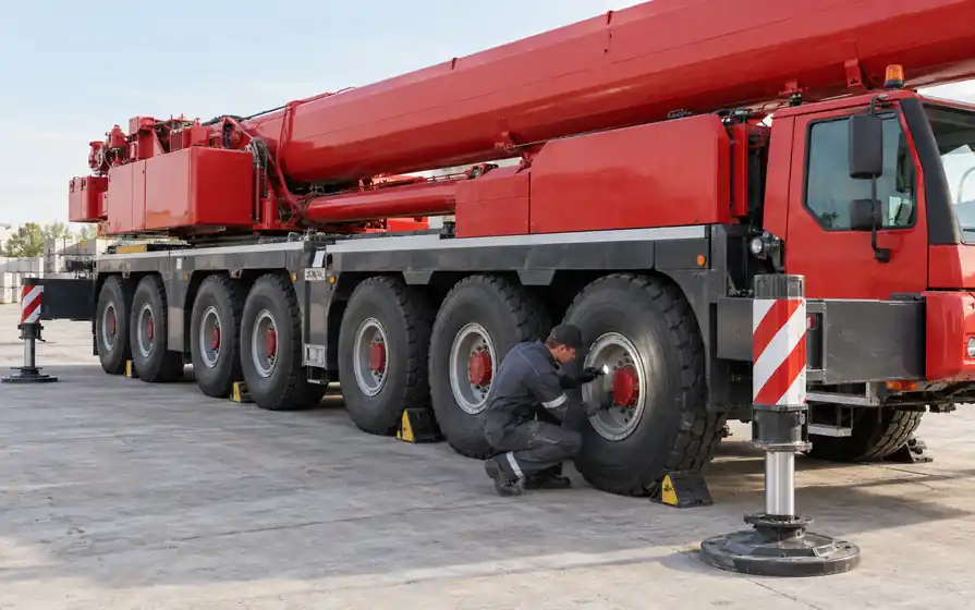 Technician inspecting a mounted carrier wheel of a red mobile telescopic crane with its outriggers deployed.