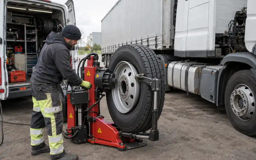 Technician using a mobile tyre changer with its mounting tool at the rim edge of an upright HGV wheel, beside an articulated lorry.