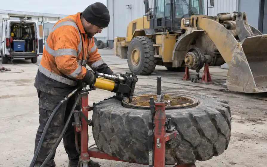 Mobile fitter applying a portable hydraulic bead-breaking tool to an industrial loader tyre.