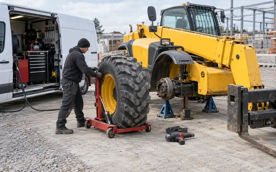 Mobile tyre technician fitting a telehandler wheel from a trolley beside an open service van at a construction site.