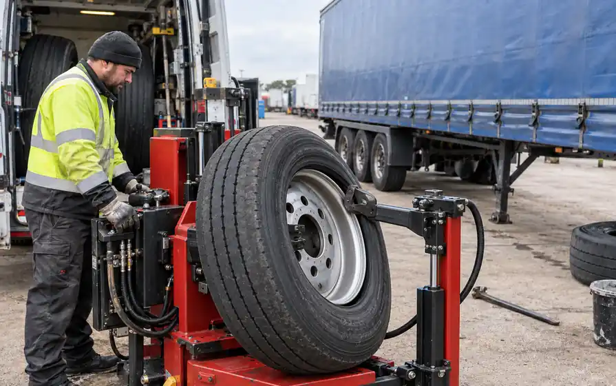 Technician using a mobile tyre changer to guide a trailer tyre bead at the outer rim, with a detached semitrailer behind.