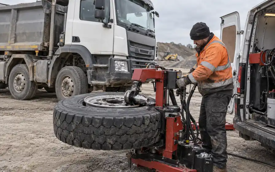 Technician operating a mobile tyre changer beside a rigid tipper truck in a construction yard.