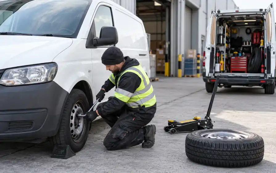 Mobile technician tightening a replacement tyre on a white delivery van.