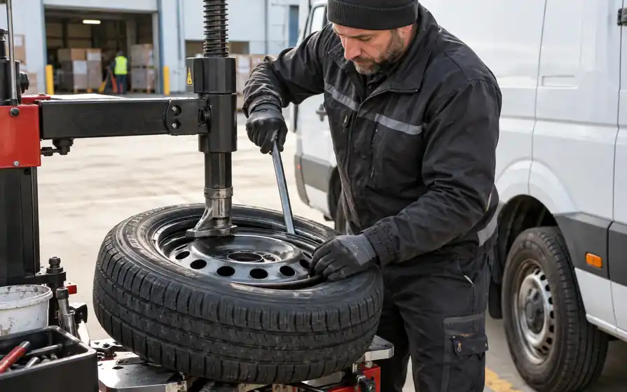 Mechanic fitting a van tyre with a portable mounting machine in a warehouse loading yard.