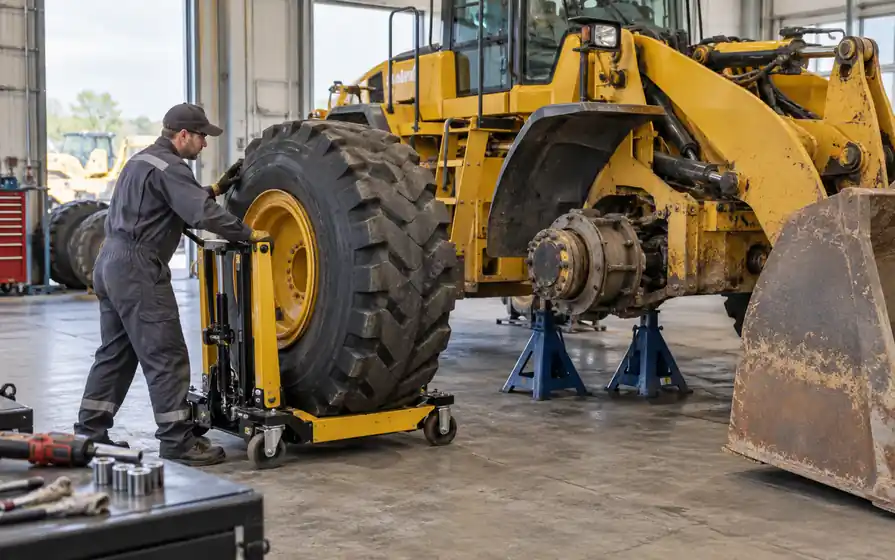 Technician guiding a large plant wheel on a hydraulic trolley toward a supported wheel loader hub.