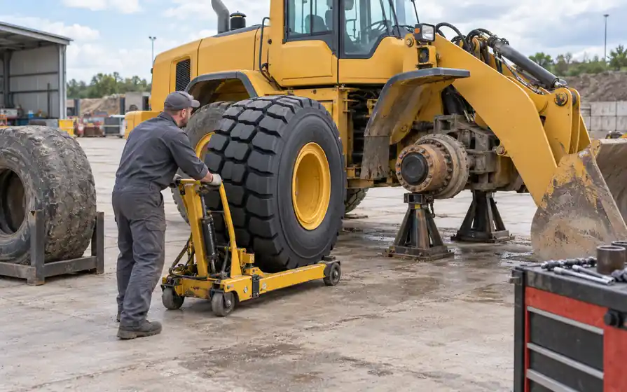 Technician moving a new deep-block wheel toward a supported loader hub, with its worn removed tyre in a cradle.