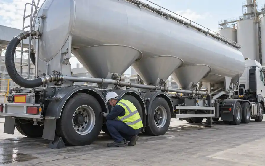 Tyre technician inspecting a bulk powder tanker with conical discharge hoppers.