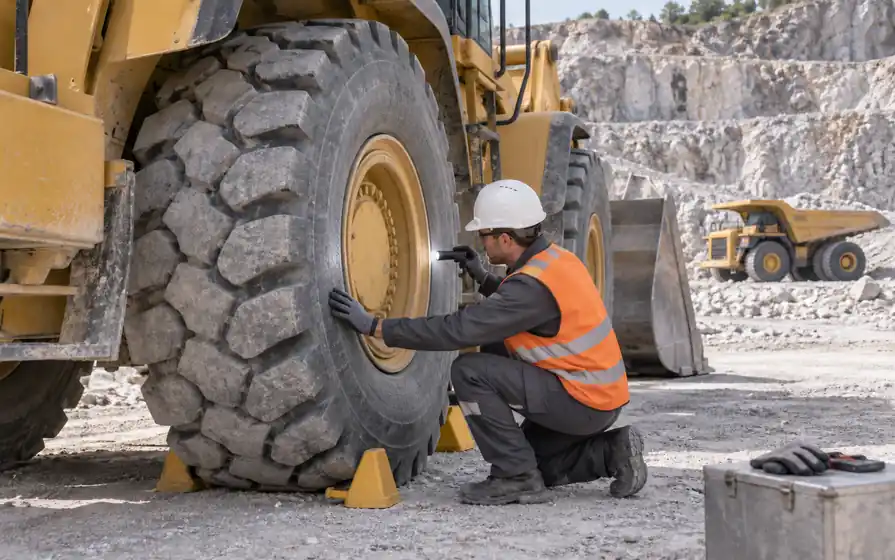 Technician inspecting the rubber tyre of a quarry loader with a flashlight and gloved hand, with a dump truck and limestone face behind.