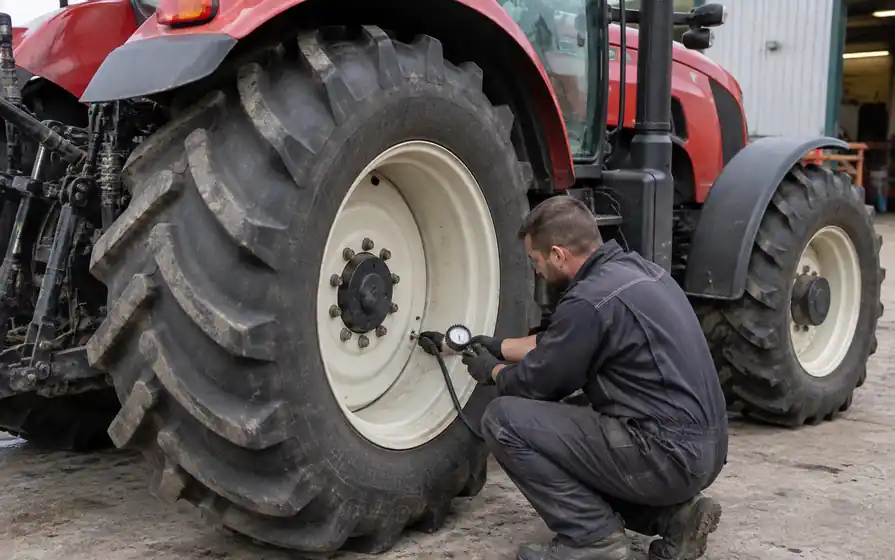 Technician checking pressure at the valve of a large rear tyre on a red tractor.