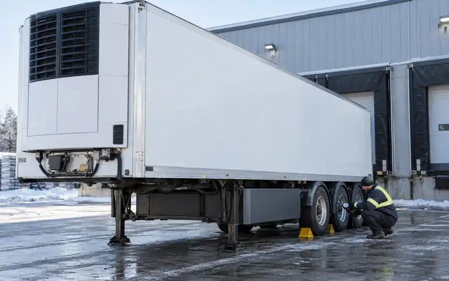 Technician checking tyres on a refrigerated trailer with its cooling unit visible.