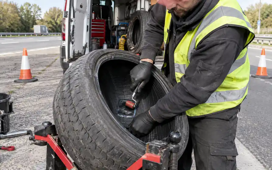 Technician rolling a puncture patch inside a demounted van tyre on a portable spreader in a roadside layby.