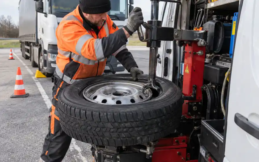 Technician fitting a tyre on a van-mounted tyre changer beside a parked truck in a coned roadside layby.