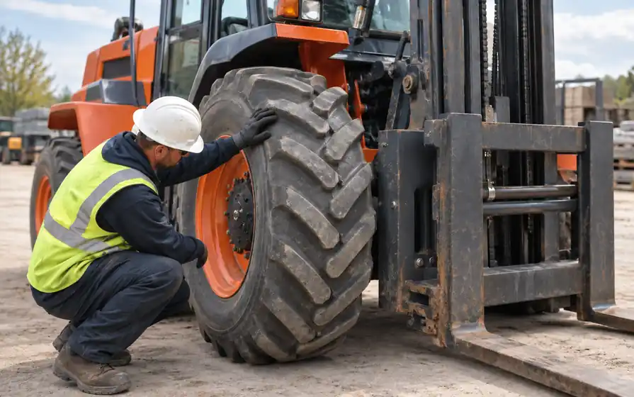 Technician inspecting the deep chevron tread of a rough terrain forklift tyre with a gloved hand in an outdoor depot.