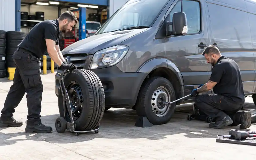 Technicians preparing a replacement tyre beside a van during daylight.
