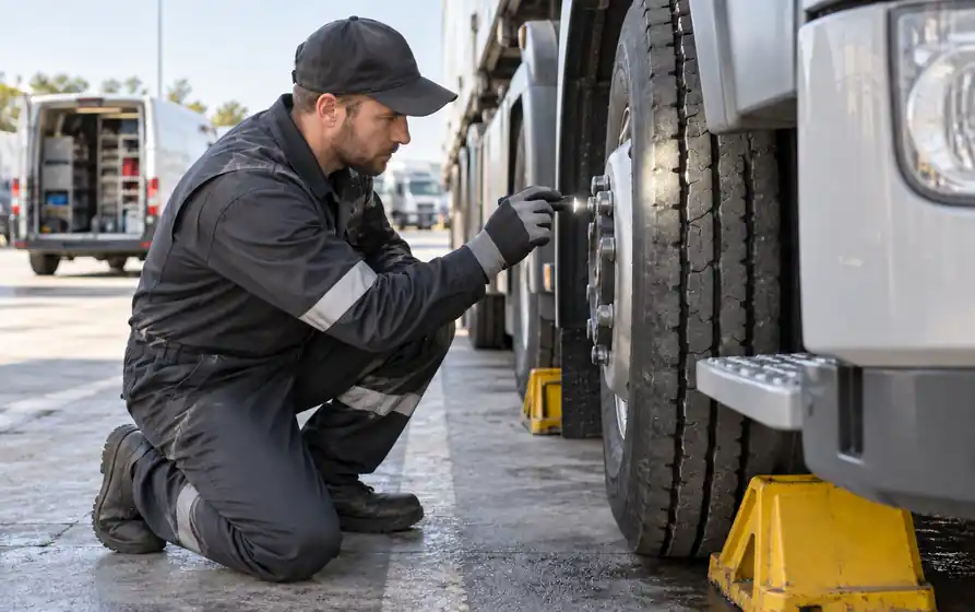 Technician visually inspects the tread of a chocked truck tyre using a flashlight at a fleet depot.