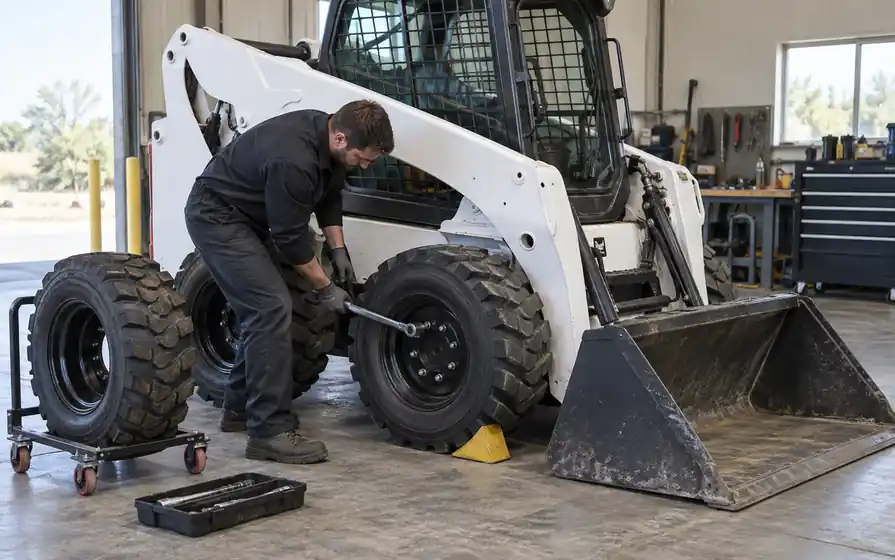 Technician tightening a peripheral wheel nut on a wheeled skid-steer loader with a spare tyre on a trolley.