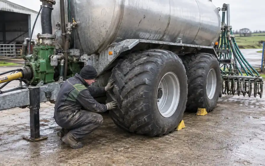 Mechanic examining the tread lugs of a slurry tanker flotation tyre with both gloved hands beside the tank, slurry pump and spreading hoses.