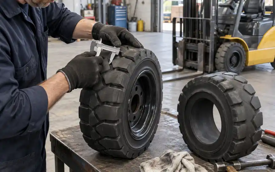 Technician checking the tread of a solid black forklift tyre with a caliper beside a loose solid tyre on a workshop bench.