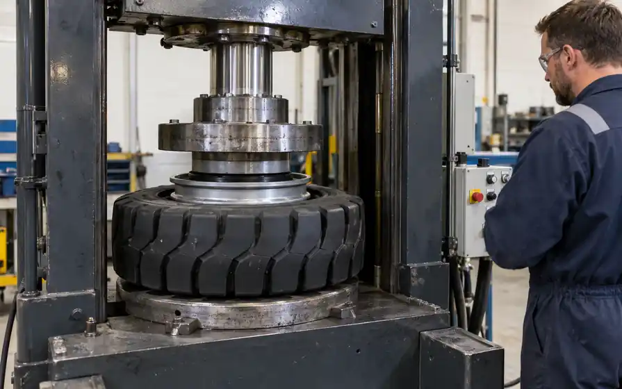 Solid forklift tyre and wheel hub aligned under a hydraulic tyre press.