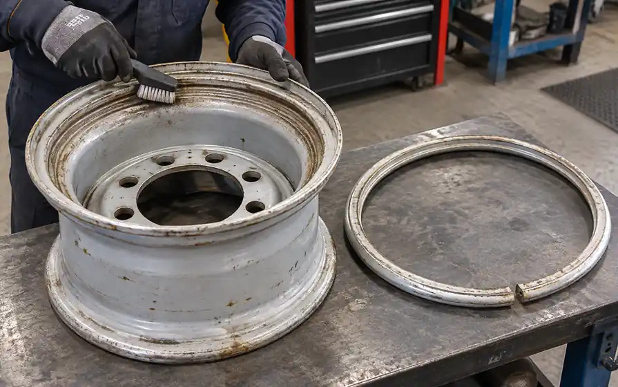 Technician brushes the groove of a bare split rim beside its detached locking ring on a bench.