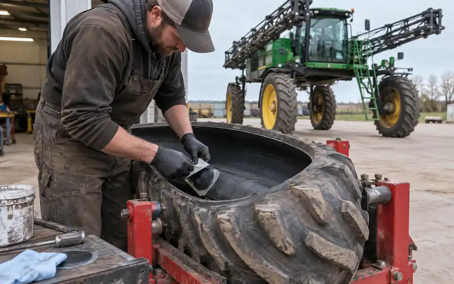 Technician preparing a repair patch inside a dismounted sprayer tyre with a high-clearance sprayer behind.