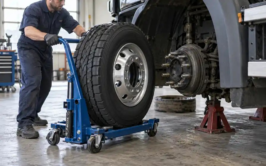 Technician brings a new silver truck wheel on a trolley toward an exposed supported hub.
