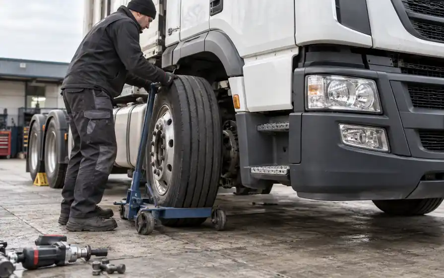Mechanic fitting a ribbed steer tyre to the front axle of a heavy truck.
