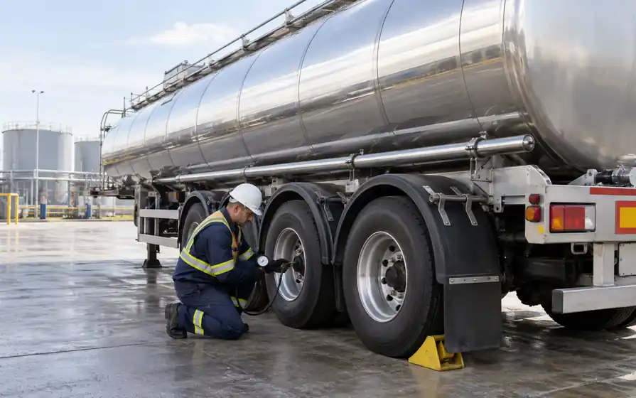 Technician checking tyre pressure on a stainless steel liquid tanker.