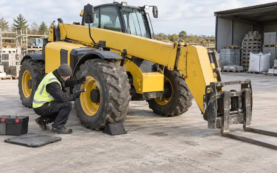 Technician inspecting a large front tyre on a telehandler with telescopic boom and lowered forks.