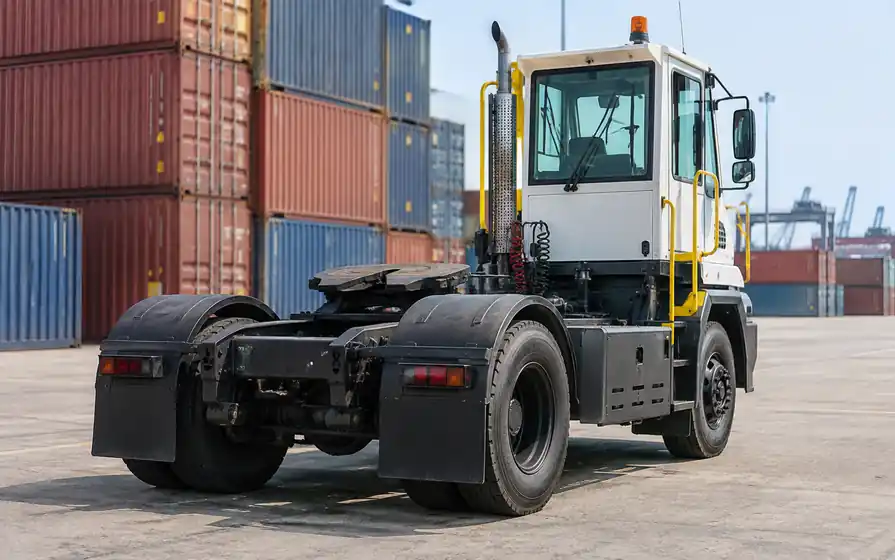 Compact terminal tractor with large rear tyres and an exposed fifth wheel in a container yard.
