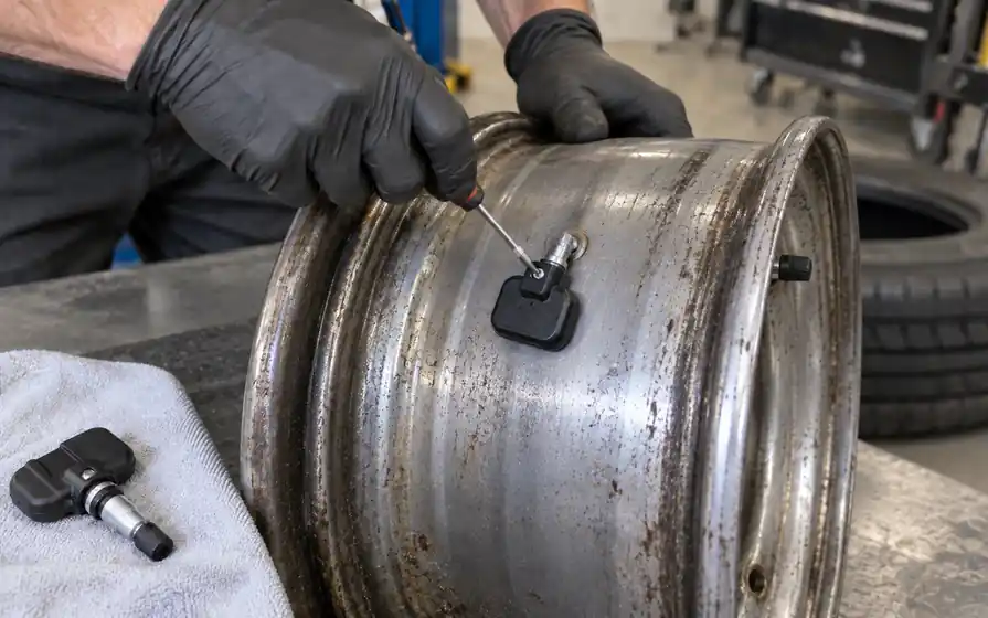 Gloved technician tightens a TPMS sensor on the tyre-facing barrel of a demounted commercial steel rim, with a spare sensor on a cloth.