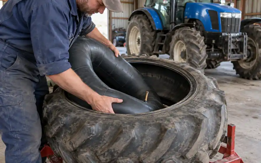 Technician inserting a black rubber inner tube with a brass valve into an agricultural tractor tyre.