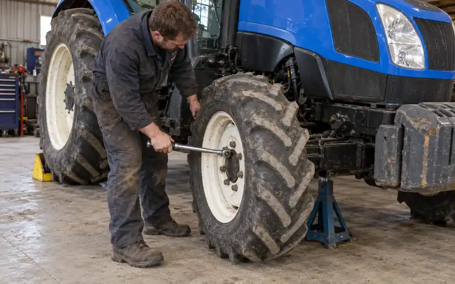 Mechanic tightening a smaller front tractor wheel with a torque wrench in a workshop.
