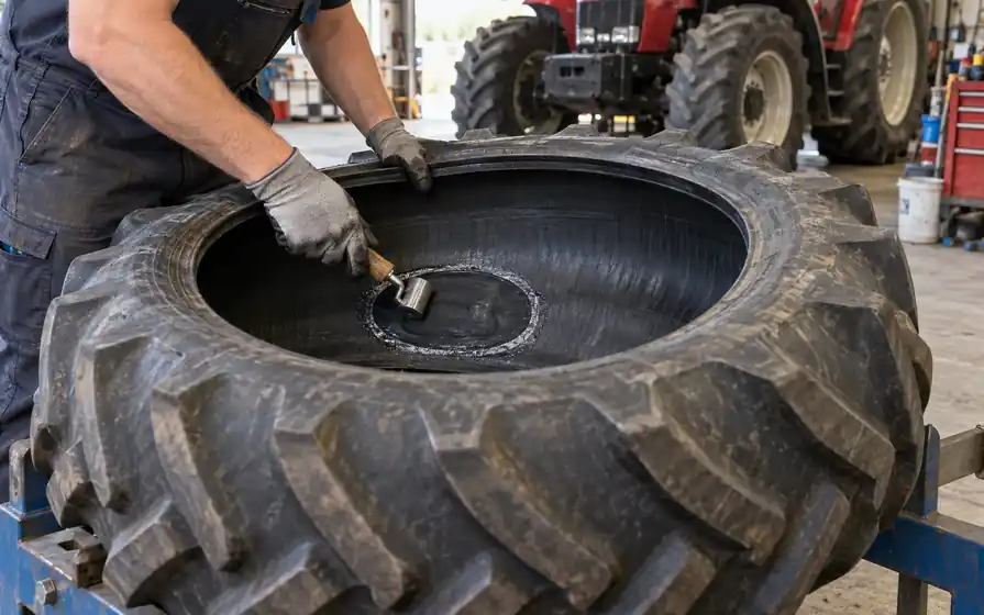 Gloved technician rolling a repair patch against the inside of a dismounted tractor tyre.
