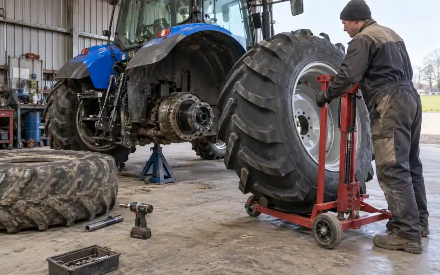 Mechanic guiding a new rear tractor wheel on a red trolley beside the exposed supported hub.