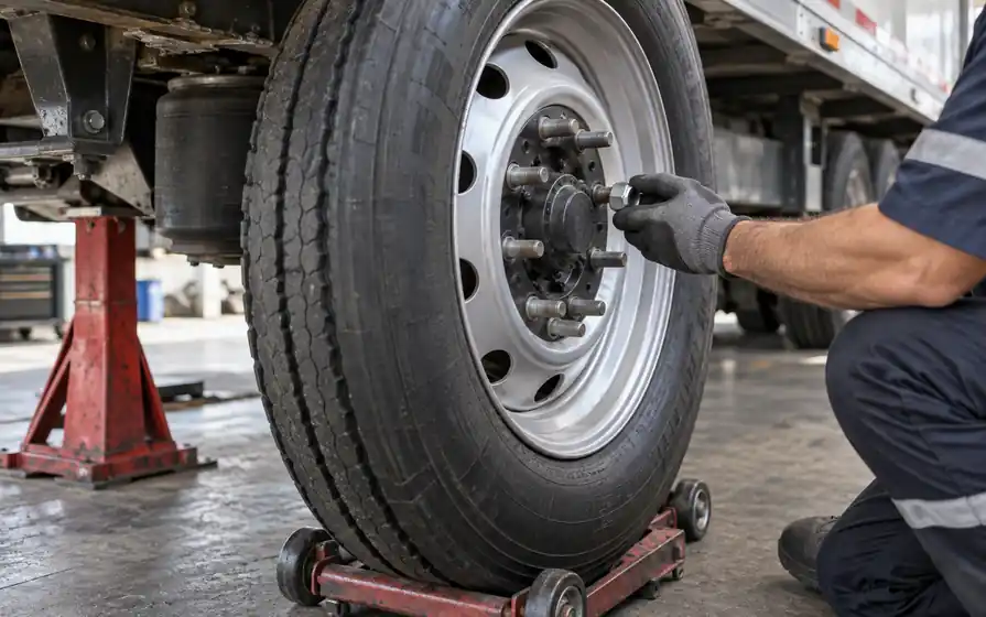 Technician hand-threads a wheel nut onto a trailer wheel supported on a roller dolly.