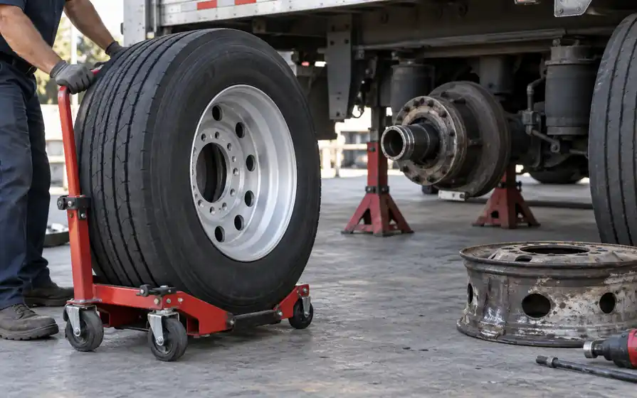 Replacement trailer wheel rests on a hydraulic dolly beside an exposed supported trailer hub and old rim.