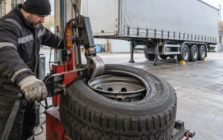 Technician using a hydraulic mounting roller to fit a trailer tyre, with a detached semitrailer behind.