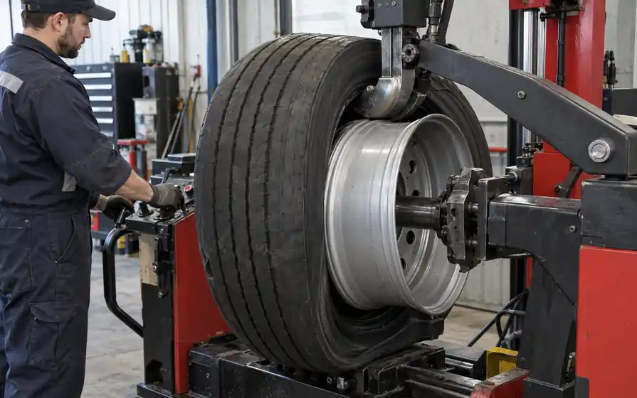 Technician operates a commercial mounting machine as a fitting roller guides a deflated truck tyre around a clamped rim.