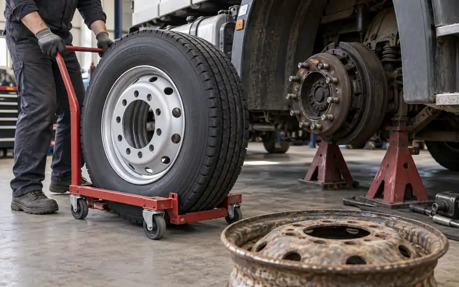Technician moves a new truck wheel on a red trolley toward a supported hub, with an old rusty rim in front.
