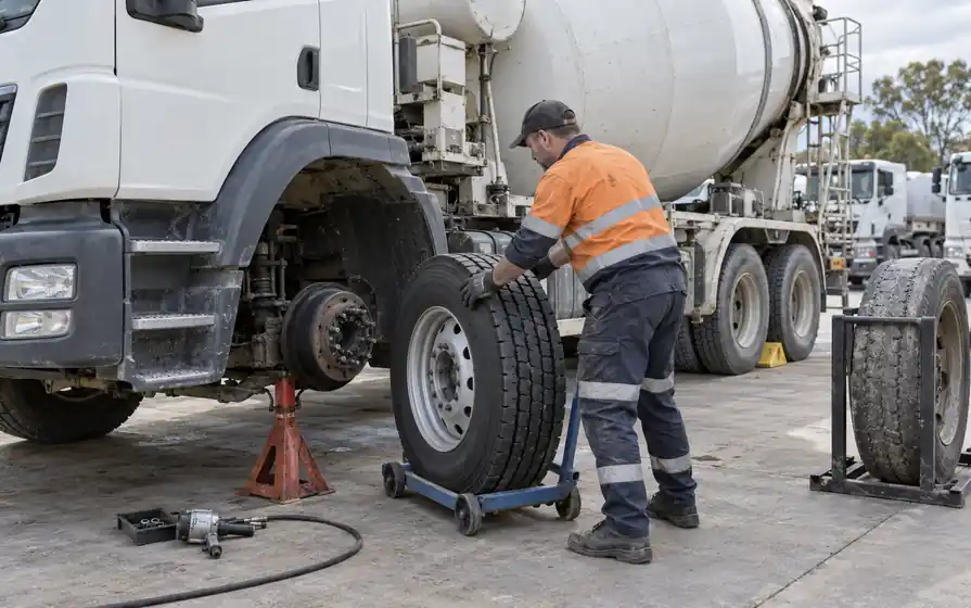 Mechanic aligning a new wheel on a trolley with a concrete mixer truck's exposed front hub.